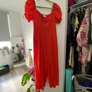 Red Puff Sleeve Jumpsuit